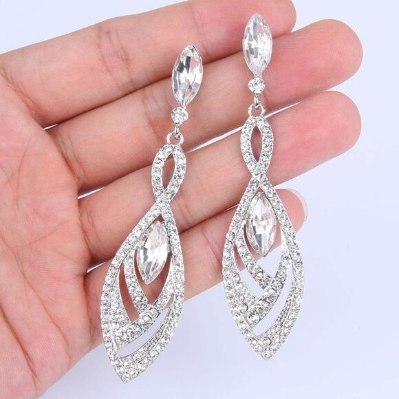 Silver with White Diamond Austrian Crystal Twisted Chandelier Post Back Earrings - Picture 2 of 5